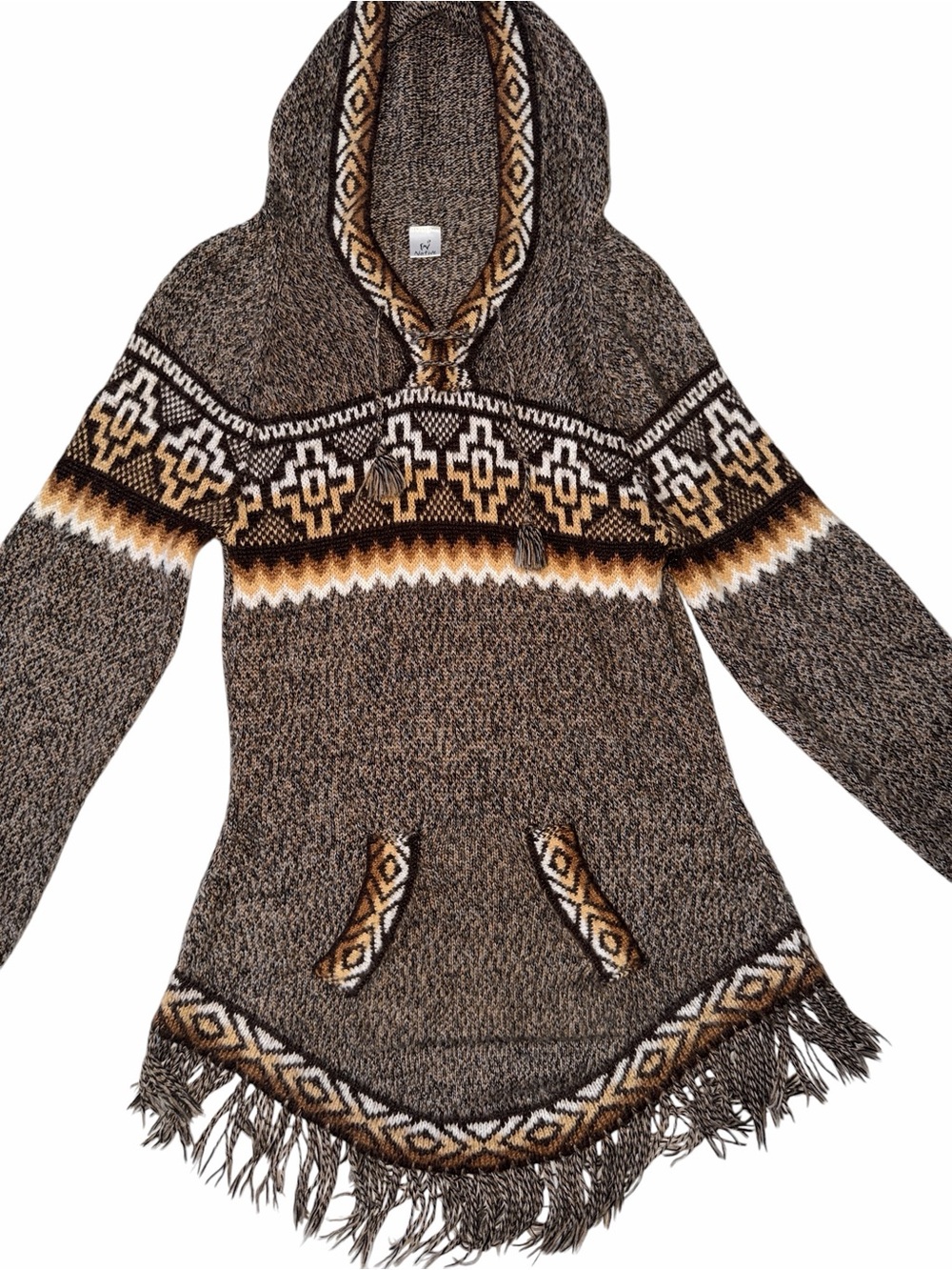 Native Creation Women's Hooded Alpaca Knit Poncho Sweater Fringe Brown M